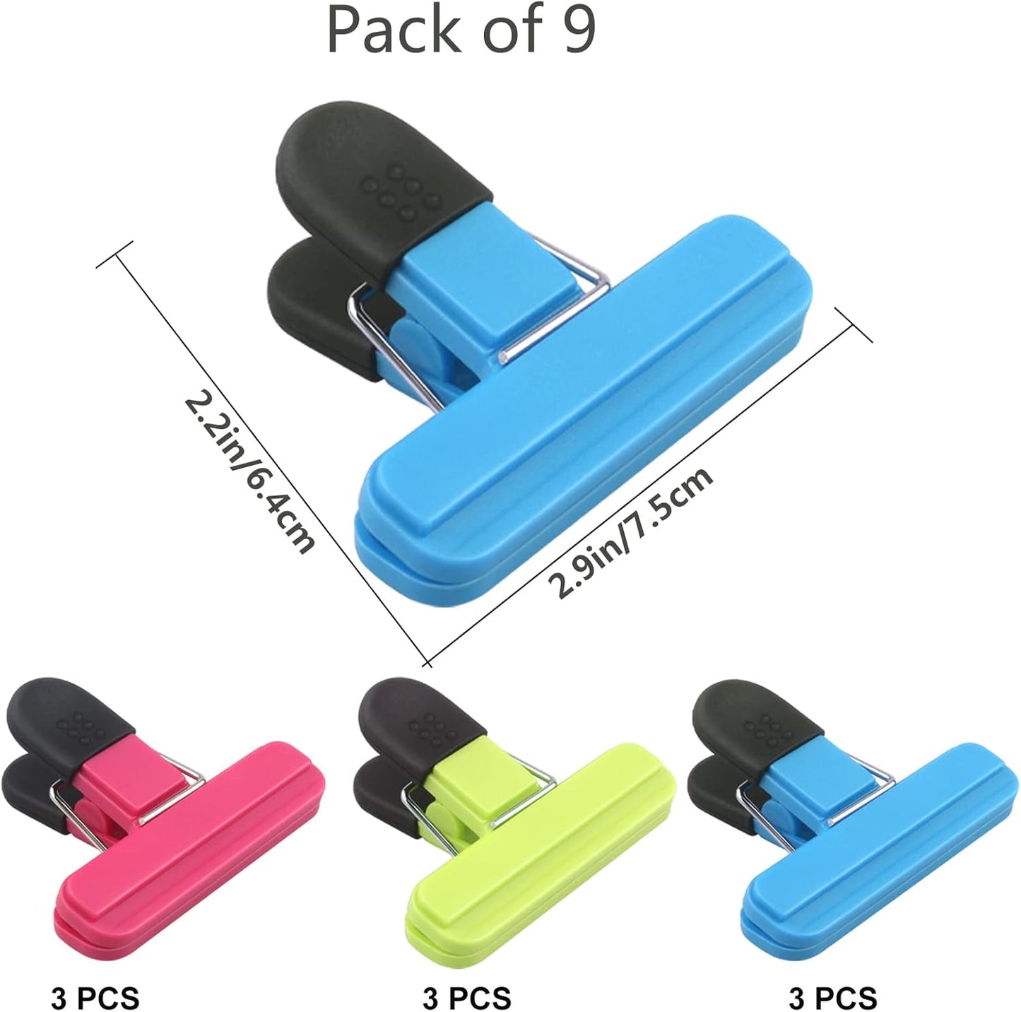Set of 9 food clips - sturdy, airtight, reusable in 3 colours to keep food fresh - perfect for home, the kitchen, travelling and camping