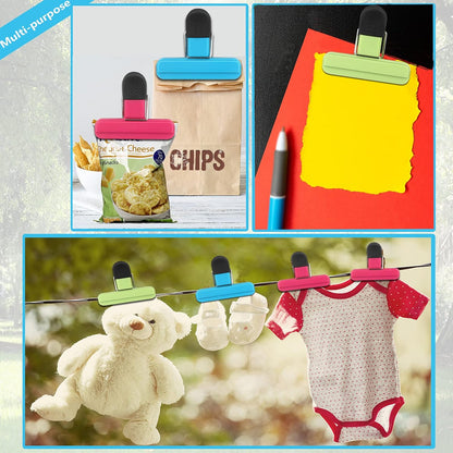 Set of 9 food clips - sturdy, airtight, reusable in 3 colours to keep food fresh - perfect for home, the kitchen, travelling and camping