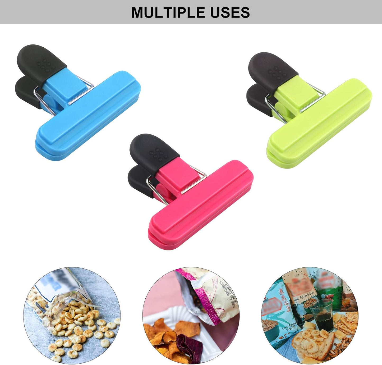 Set of 9 food clips - sturdy, airtight, reusable in 3 colours to keep food fresh - perfect for home, the kitchen, travelling and camping