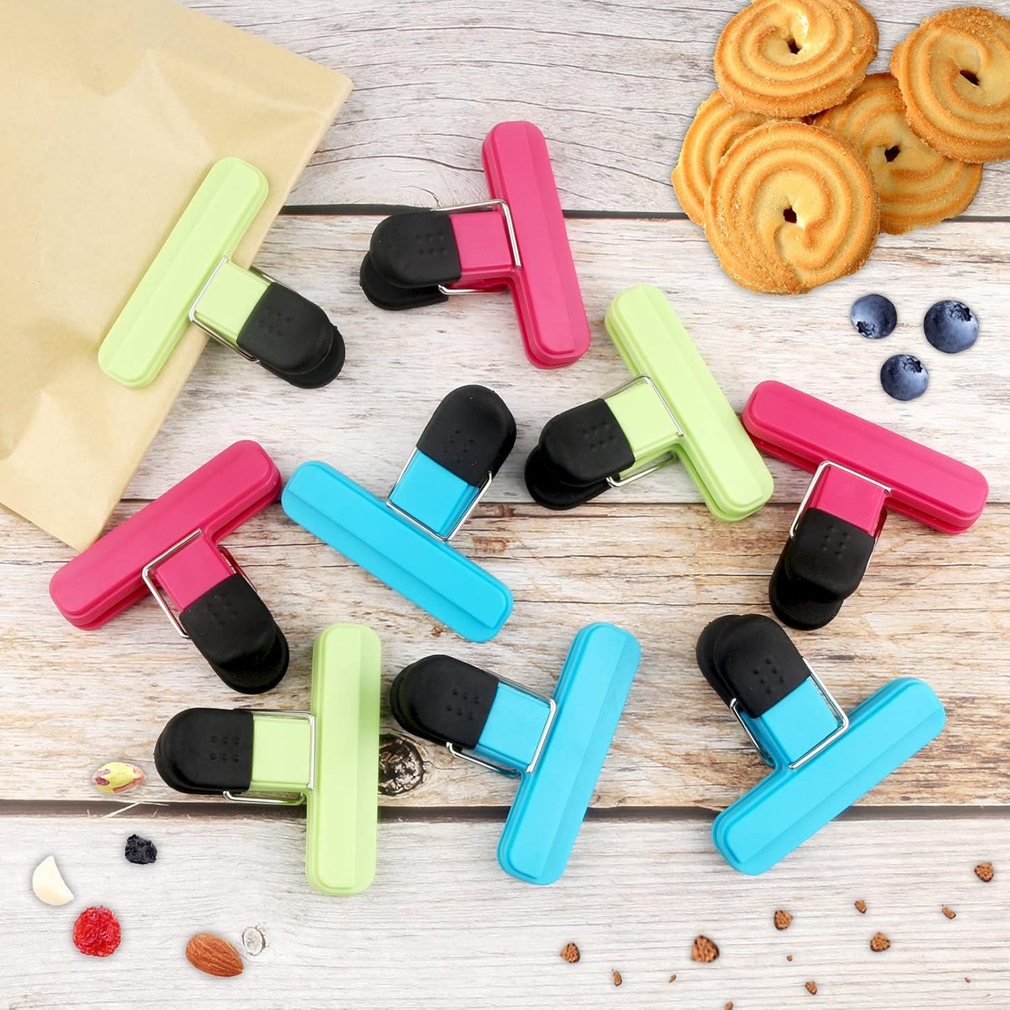 Set of 9 food clips - sturdy, airtight, reusable in 3 colours to keep food fresh - perfect for home, the kitchen, travelling and camping