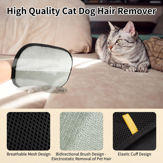 2-piece pet hair removal gloves, static pet hair removal gloves, double-sided grooming gloves, reusable pet hair removal gloves for cleaning and grooming, suitable for sofas, carpets and clothing.