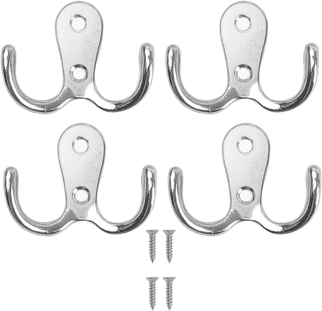 4 pieces of coat hooks with double pins, metal coat hangers, double coat hooks, suitable for bathroom, bedroom, door, wall, clothes, can hang jackets, scarves, bags, towels, keys, hats, with 8 screws. Hover Image