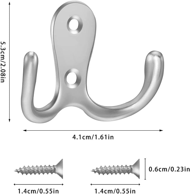 4 pieces of coat hooks with double pins, metal coat hangers, double coat hooks, suitable for bathroom, bedroom, door, wall, clothes, can hang jackets, scarves, bags, towels, keys, hats, with 8 screws Main Image
