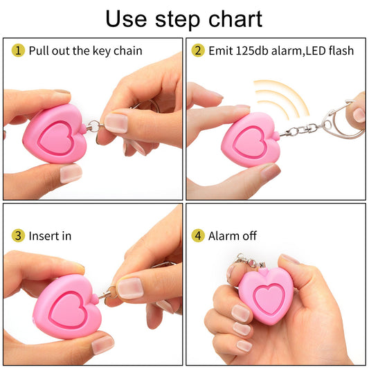 Personal alarm - 125dB - Heart-shaped - Protection device - with light - Keychain - for girls, women, children, the elderly, walking, traveling, parking, at night.