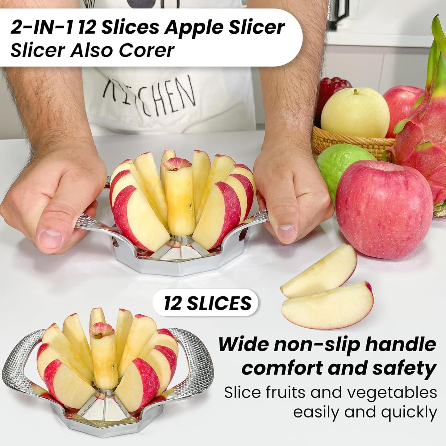 Apple corer, apple drill, fully metal apple corer and drill with 12 stainless steel blades, large apple corer for cutting apples up to 10 cm, comfortable wide non-slip handle