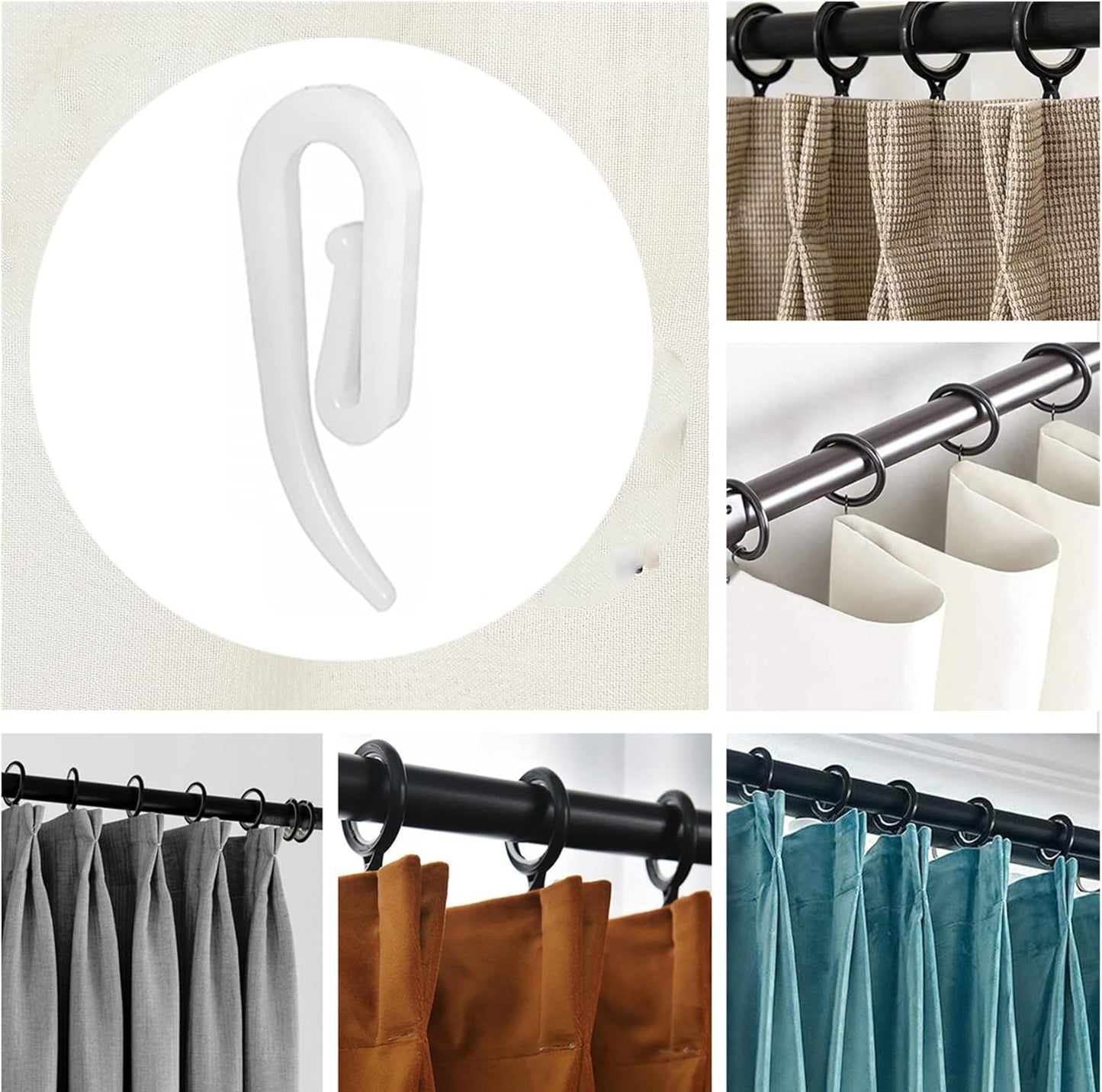 White plastic hooks for windows and door curtains - curtain hooks - suitable for windows, doors and shower curtains - 50 pieces