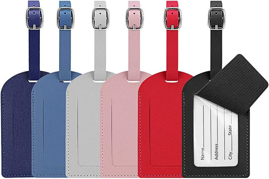 Bagagelabels, 6 pieces leather bag tags, travel bag labels with name-ID cards, luggage tags for travel bags, backpacks, cruises, waterproof travel accessories, 6 colours.