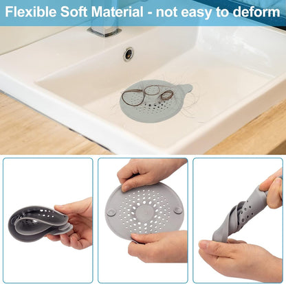 2-pack shower drain hair catchers with strong suction cups, silicone sink strainer protector, shower drain cover, hair stopper, sink strainer for bathroom, bathtub, kitchen sink (white + grey)