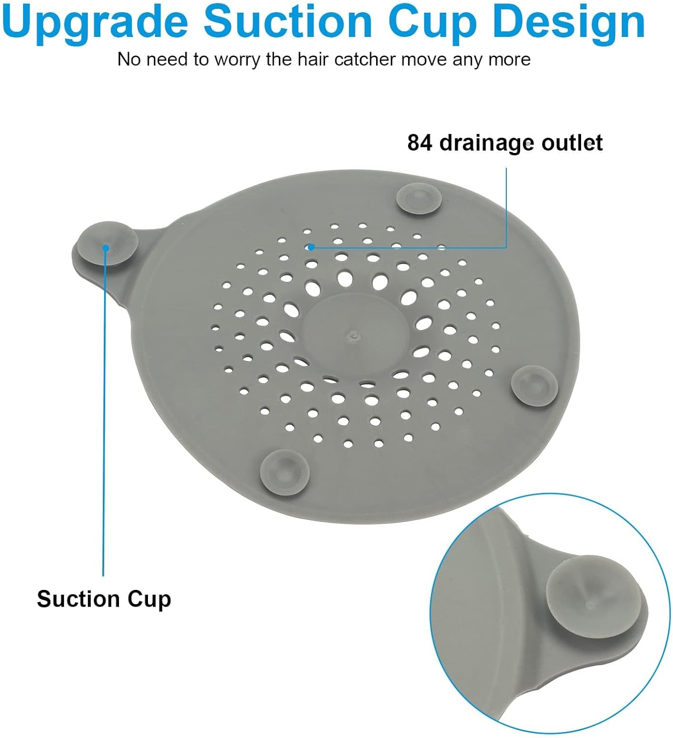 2-pack shower drain hair catchers with strong suction cups, silicone sink strainer protector, shower drain cover, hair stopper, sink strainer for bathroom, bathtub, kitchen sink (white + grey)