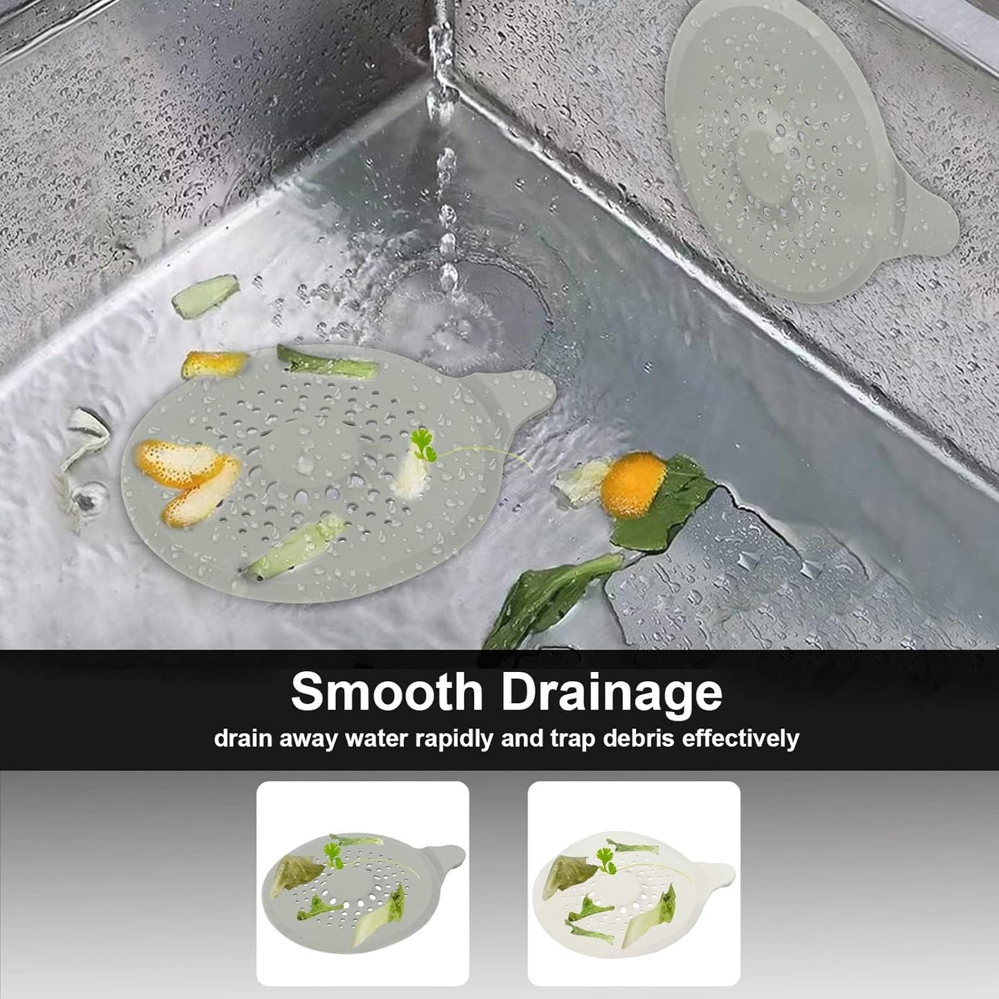 2-pack shower drain hair catchers with strong suction cups, silicone sink strainer protector, shower drain cover, hair stopper, sink strainer for bathroom, bathtub, kitchen sink (white + grey)