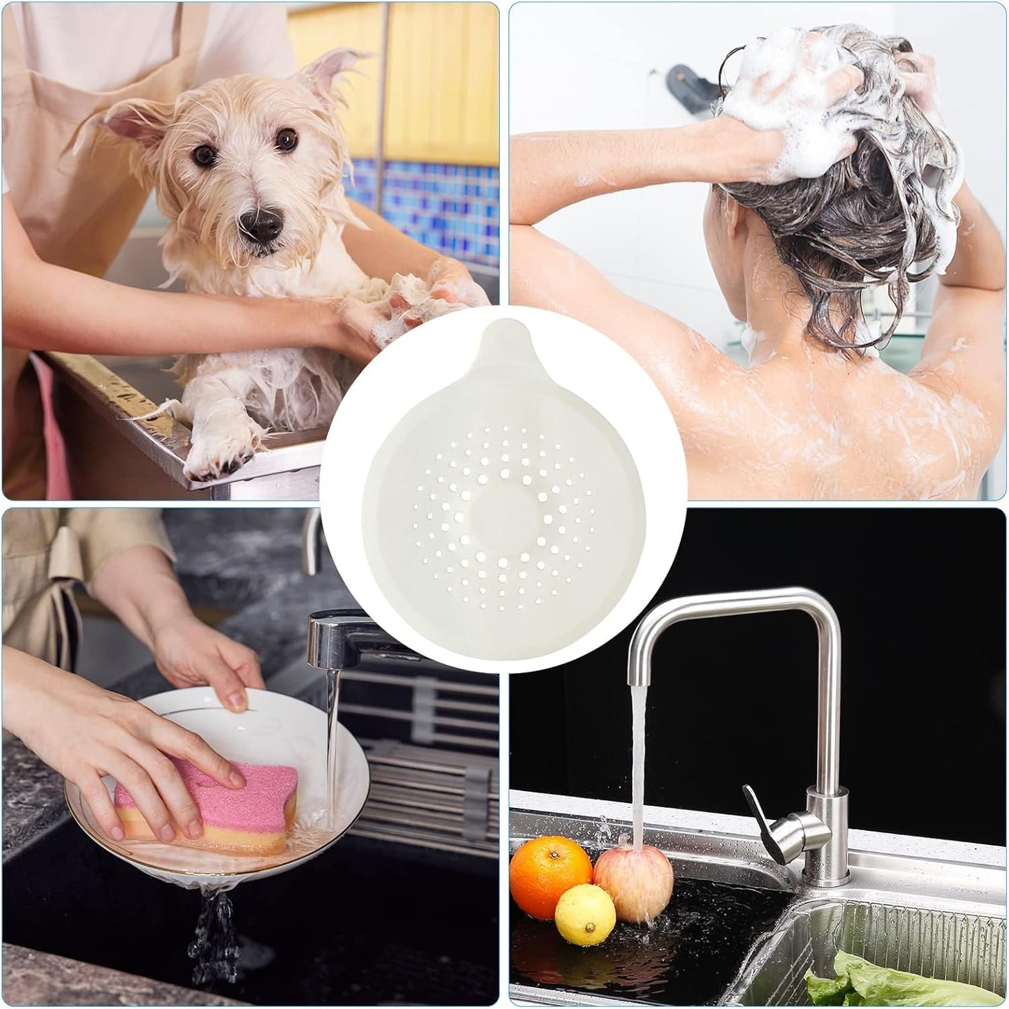 2-pack shower drain hair catchers with strong suction cups, silicone sink strainer protector, shower drain cover, hair stopper, sink strainer for bathroom, bathtub, kitchen sink (white + grey)