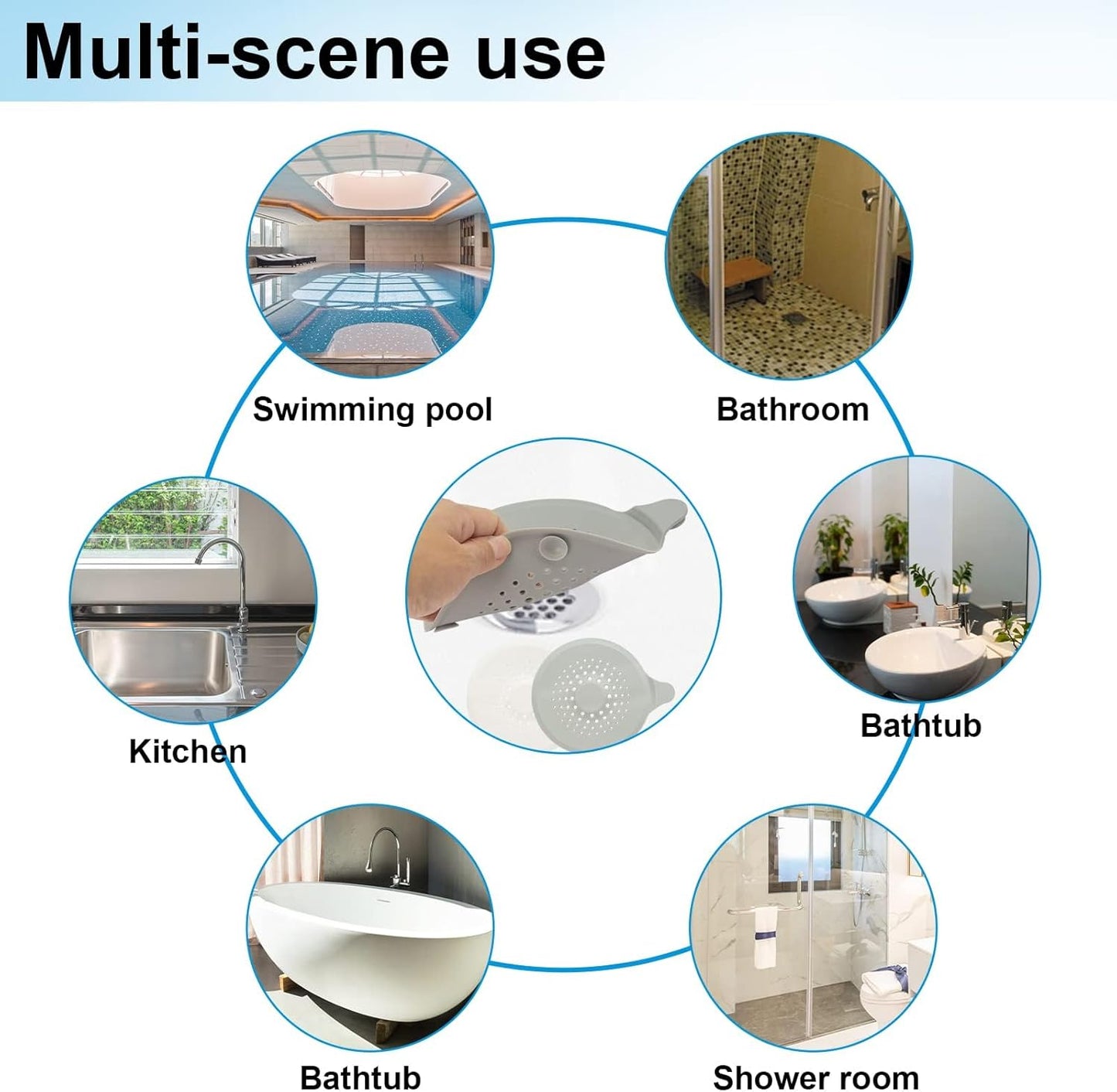2-pack shower drain hair catchers with strong suction cups, silicone sink strainer protector, shower drain cover, hair stopper, sink strainer for bathroom, bathtub, kitchen sink (white + grey)