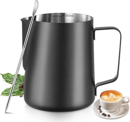 Melkopschuimpot - 350 ml stainless steel milk frothing jug for milk, coffee, cappuccino, latte art, barista frothing jug with decorative pen [black].