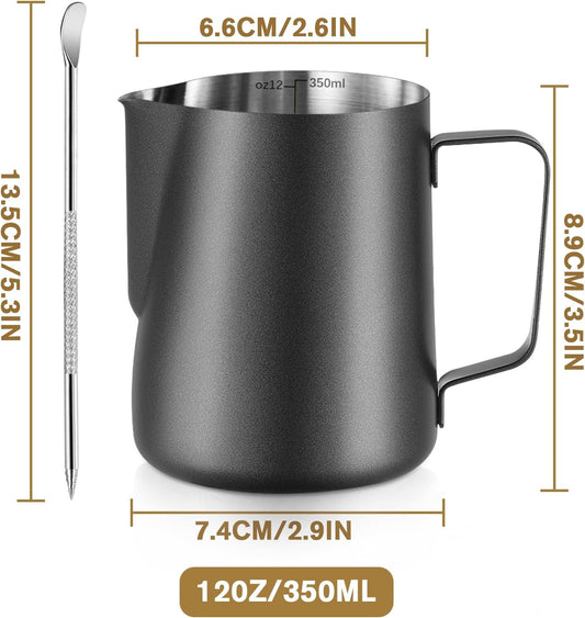 Melkopschuimpot - 350 ml stainless steel milk frothing jug for milk, coffee, cappuccino, latte art, barista frothing jug with decorative pen [black].