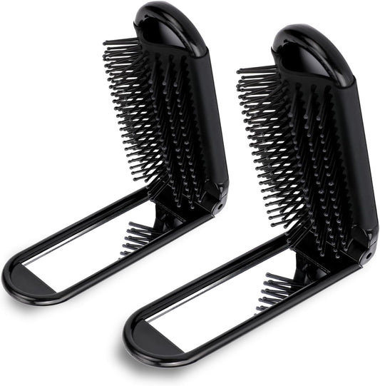 2 pieces of foldable hairbrush - portable travel hairbrush with pocket-sized mirror, anti-static mini hairbrush - small compact massage comb, hair styling tool - for women, girls, home, travel, gym, purse (black).