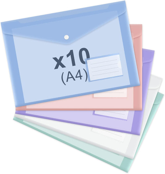 10 pieces of A4 plastic envelope folders, transparent envelopes with press studs, A4 folders with label pockets for school, homework and office, 5 colours.