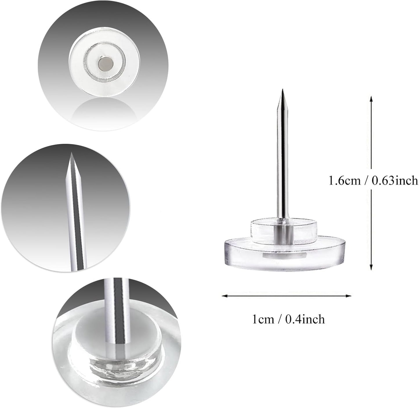 Pushpins, transparent pushpins, flat pushpins with steel points and transparent plastic heads, transparent pushpins for school, office, noticeboards, 150 pieces.