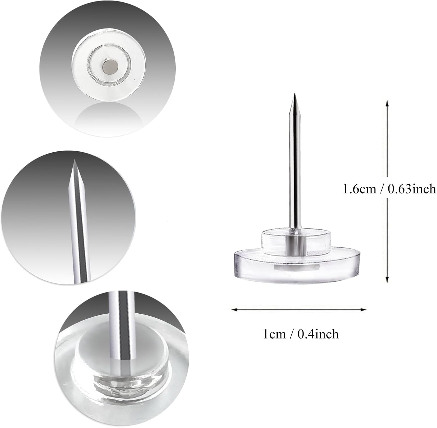 Pushpins, transparent pushpins, flat pushpins with steel points and transparent plastic heads, transparent pushpins for school, office, noticeboards, 150 pieces.