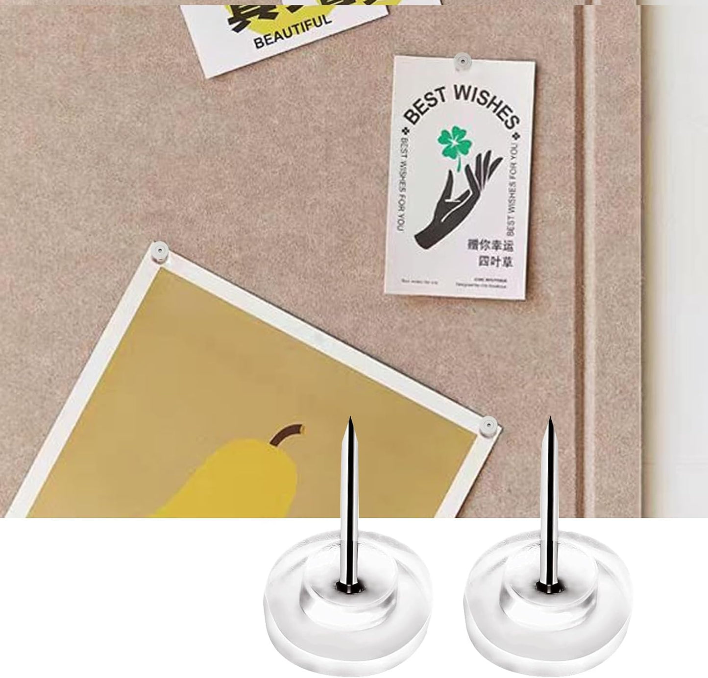 Pushpins, transparent pushpins, flat pushpins with steel points and transparent plastic heads, transparent pushpins for school, office, noticeboards, 150 pieces.