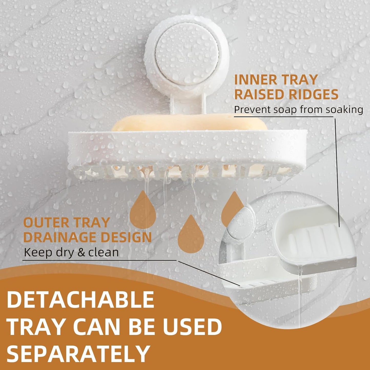 Shower soap caddy, holds up to 3 kg, bathroom, soap dish with suction cup, wall mount, waterproof, no drilling needed, removable shower storage box with suction cup, sponge holder, white plastic