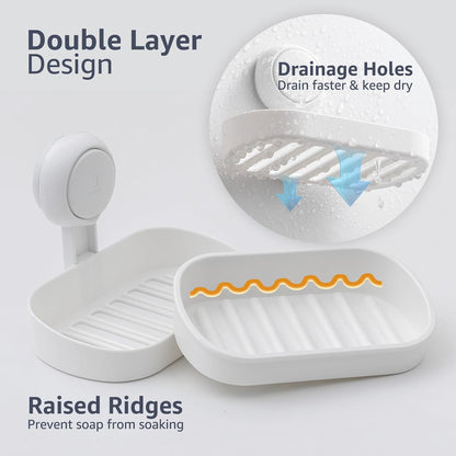 Shower soap caddy, holds up to 3 kg, bathroom, soap dish with suction cup, wall mount, waterproof, no drilling needed, removable shower storage box with suction cup, sponge holder, white plastic