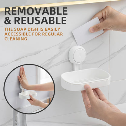 Shower soap caddy, holds up to 3 kg, bathroom, soap dish with suction cup, wall mount, waterproof, no drilling needed, removable shower storage box with suction cup, sponge holder, white plastic