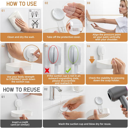Shower soap caddy, holds up to 3 kg, bathroom, soap dish with suction cup, wall mount, waterproof, no drilling needed, removable shower storage box with suction cup, sponge holder, white plastic