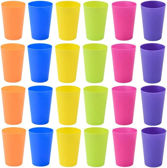Set of 24 reusable plastic cups, 250 ml, durable plastic drink cups for kids, for use in the kitchen, outdoors, parties, picnics, barbecues, travel (6 bright colours).