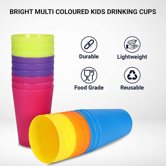 Set of 24 reusable plastic cups, 250 ml, durable plastic drink cups for kids, for use in the kitchen, outdoors, parties, picnics, barbecues, travel (6 bright colours).