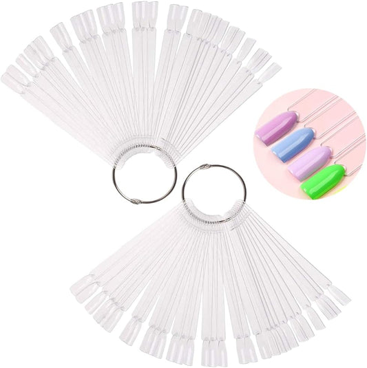 100 transparent nail sticks in fan shape, nail polish sticks, nail display sticks, transparent plastic pointed color sticks with metal ring for salons and beginners.