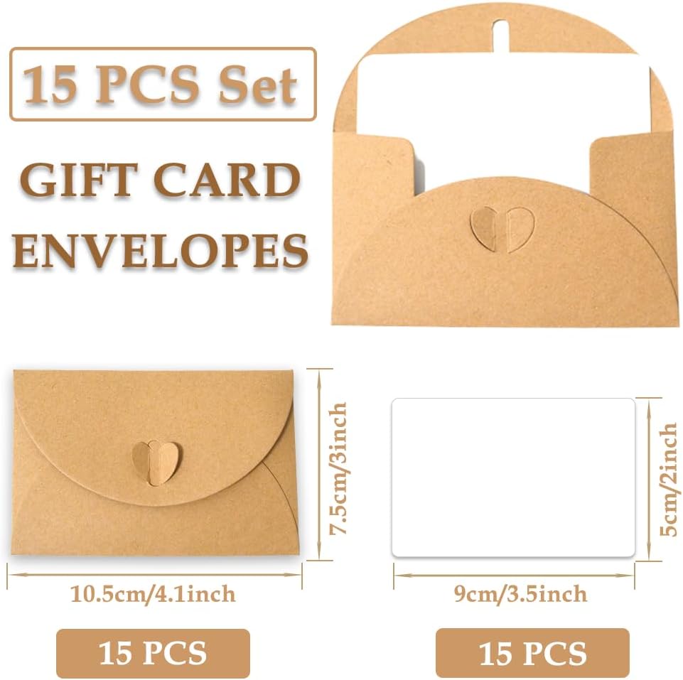 15 kraft envelopes with 15 blank cards - small heart-shaped closure, 10.5 x 7.5 cm, mini envelopes for thank you notes, invitations, birthday cards