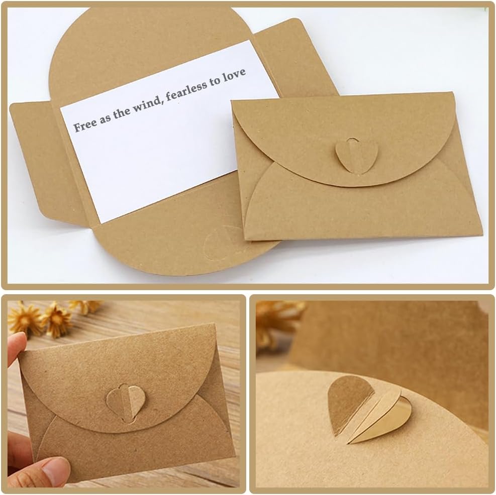15 kraft envelopes with 15 blank cards - small heart-shaped closure, 10.5 x 7.5 cm, mini envelopes for thank you notes, invitations, birthday cards