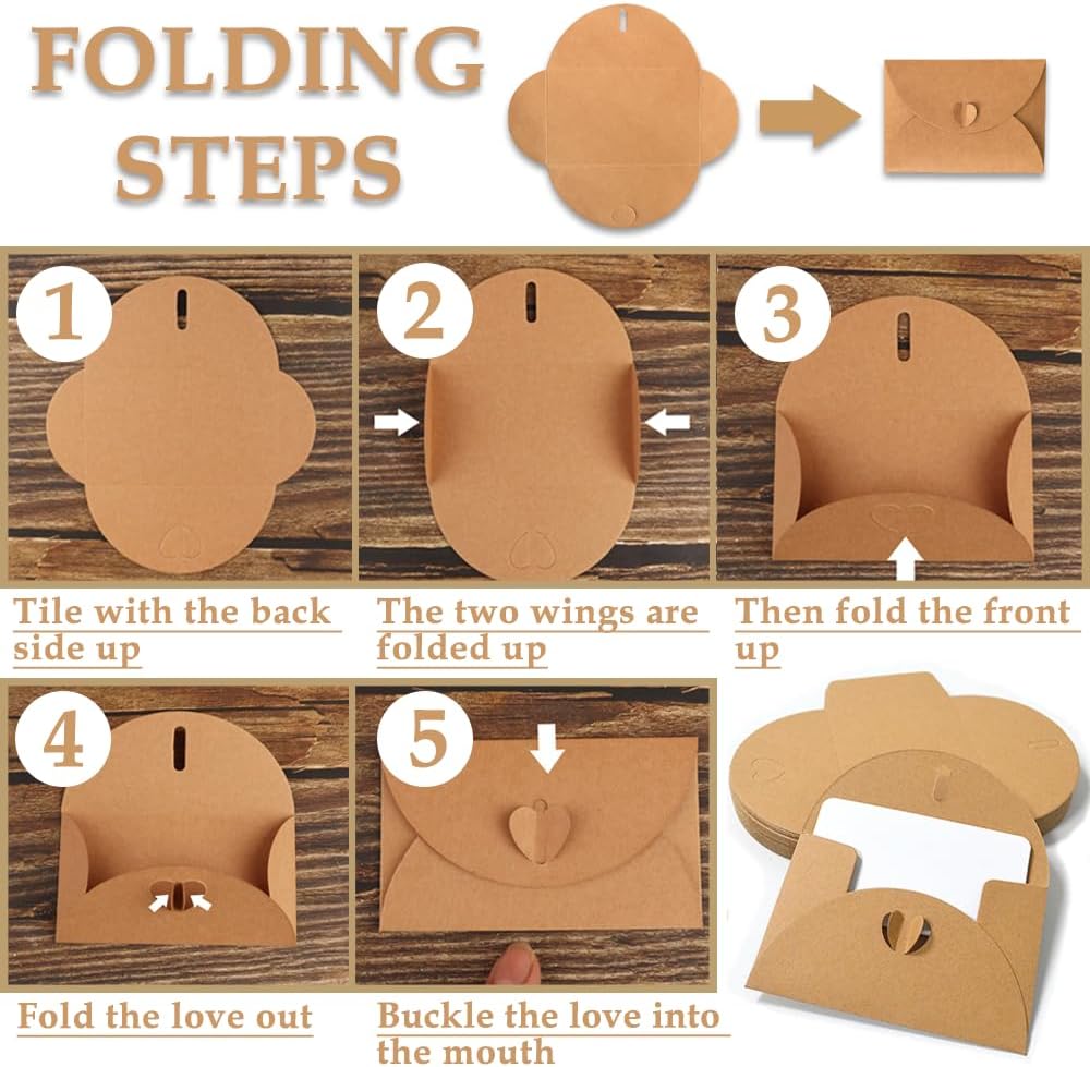 15 kraft envelopes with 15 blank cards - small heart-shaped closure, 10.5 x 7.5 cm, mini envelopes for thank you notes, invitations, birthday cards