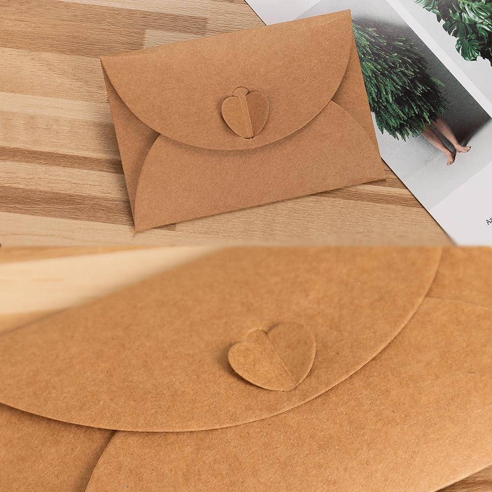 15 kraft envelopes with 15 blank cards - small heart-shaped closure, 10.5 x 7.5 cm, mini envelopes for thank you notes, invitations, birthday cards
