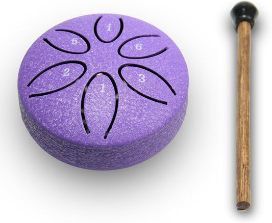 Ethereal Drums - Mini Steel Tongue Drum Kit - for sound healing, meditation and yoga - 3" 6-note - Great for beginners and relaxation - Lavender Purple - Mallets + Tabs + Bag.
