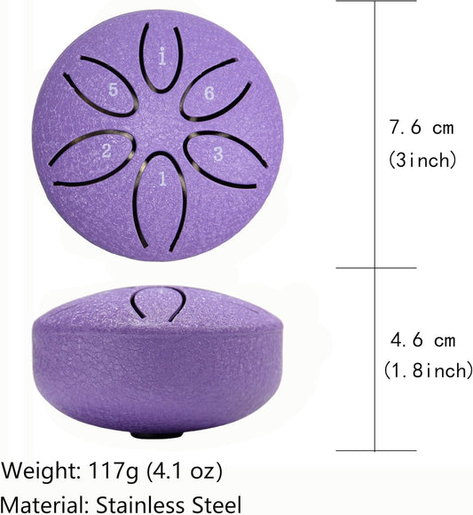 Ethereal Drums - Mini Steel Tongue Drum Kit - for sound healing, meditation and yoga - 3" 6-note - Great for beginners and relaxation - Lavender Purple - Mallets + Tabs + Bag.