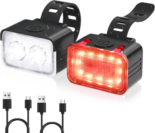 Bike light - IPX6 waterproof - Front and rear light - Rechargeable - Type-C charging port - 5+6 modes - Front and rear light combination - 300 lumens - Super bright - Night riding - Suitable for kids and adults - 106 g.