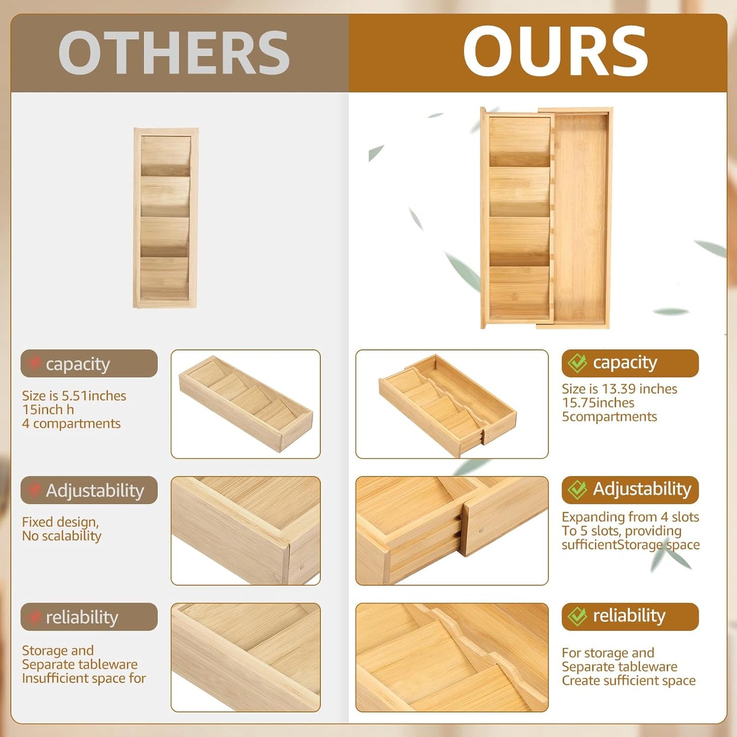 Kitchen drawer organizer - cutlery organizer - expandable bamboo storage box - cutlery rack - telescopic cutlery organizer