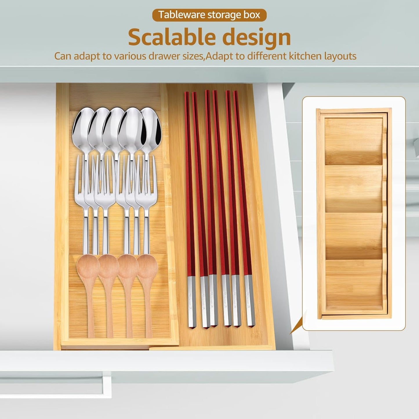 Kitchen drawer organizer - cutlery organizer - expandable bamboo storage box - cutlery rack - telescopic cutlery organizer