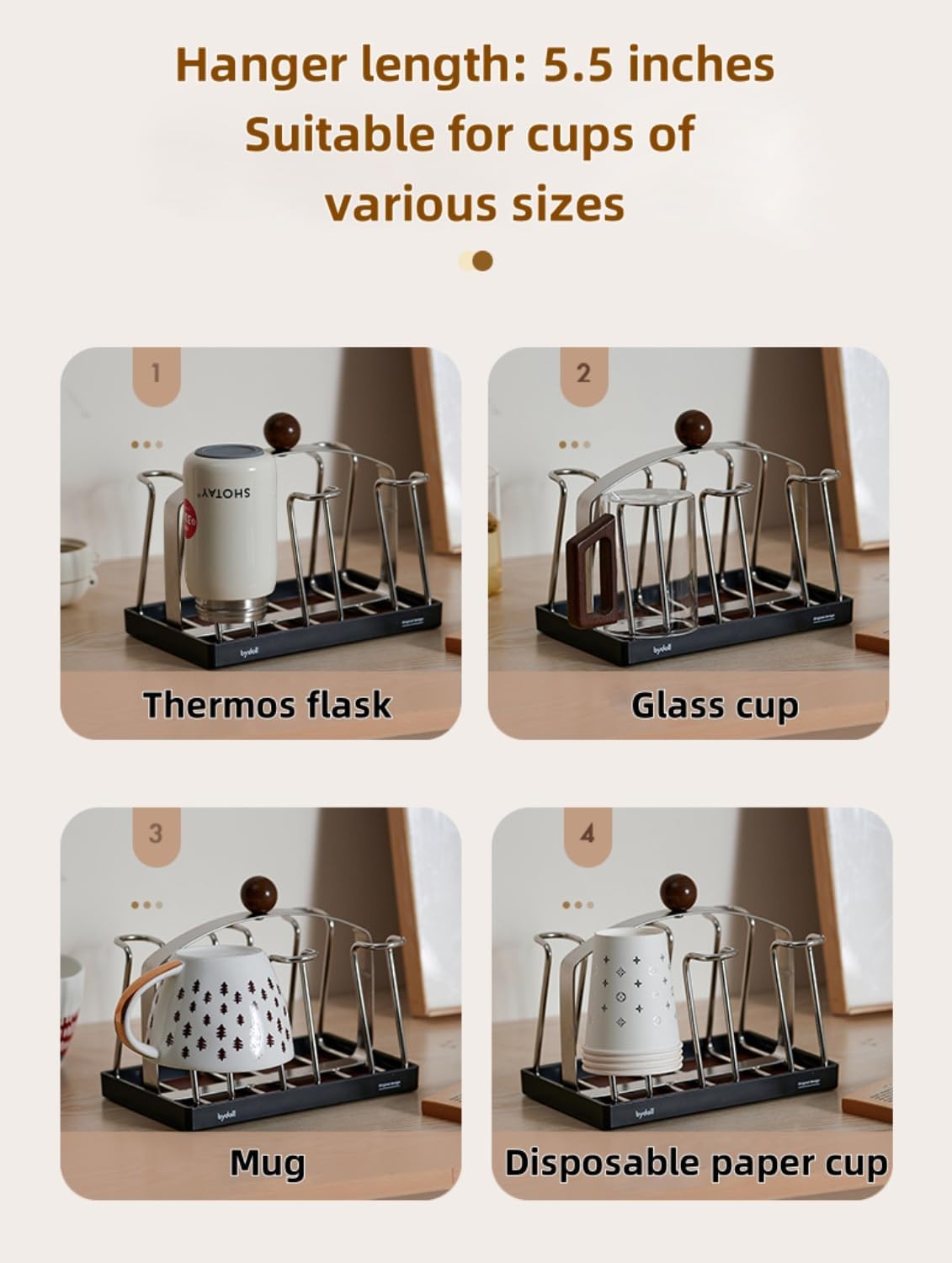 Stainless steel holder - sturdy and dries quickly - removable drip tray - suitable for coffee cups/glasses/mugs - ideal for the kitchen/dining table/café.