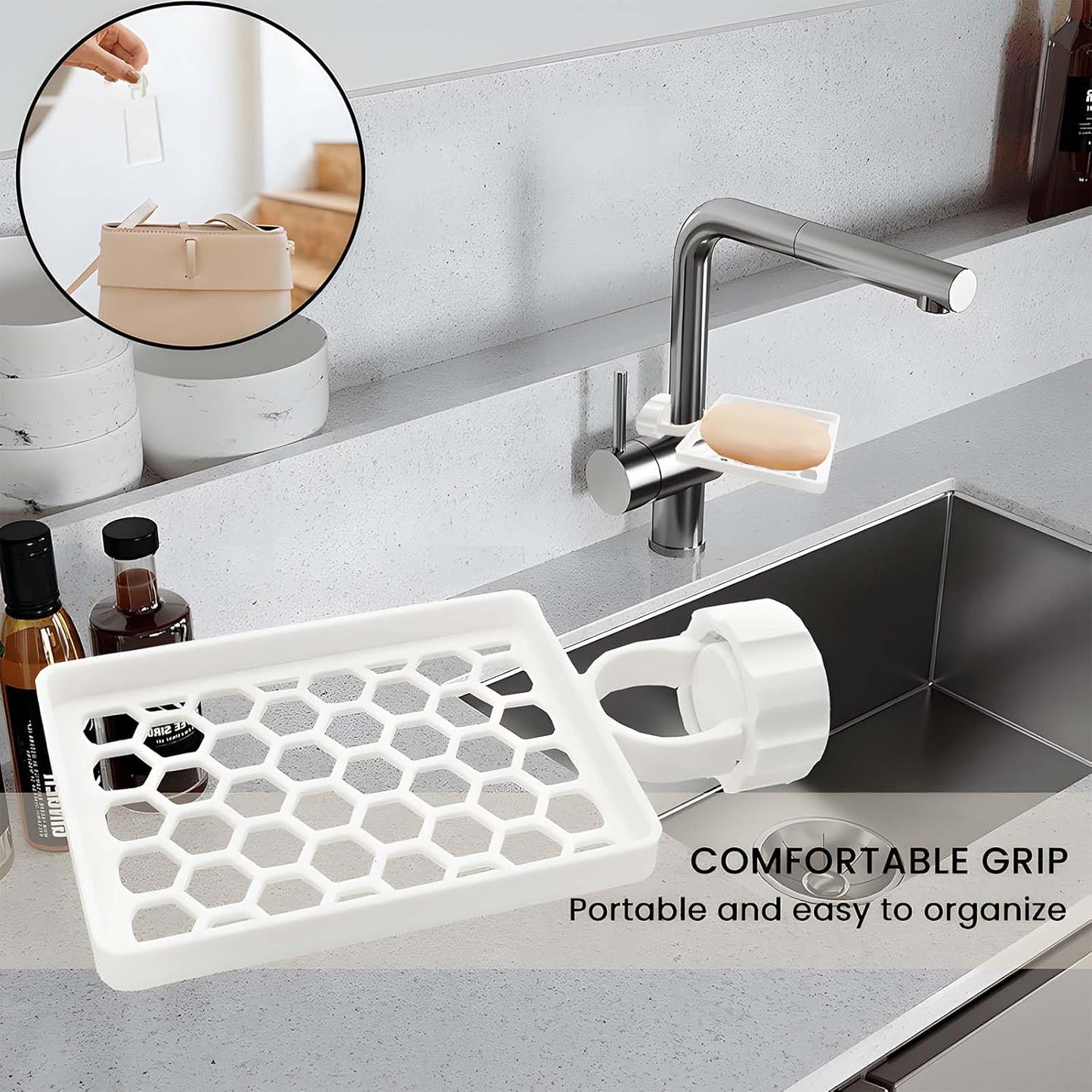 Set of two hangers, sponsor and sink organizer - drainage rack with clips - suitable for kitchens and bathrooms - reusable and removable - for holding soap and sponges - easy to install and adjust