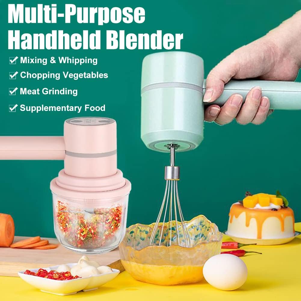Handheld cordless electric blender - comes with 3 accessories - portable multi-functional food blender - can be used to blend eggs, whip cream, and chop garlic.
