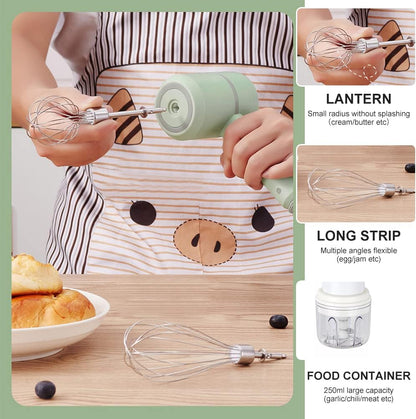 Handheld cordless electric blender - comes with 3 accessories - portable multi-functional food blender - can be used to blend eggs, whip cream, and chop garlic.
