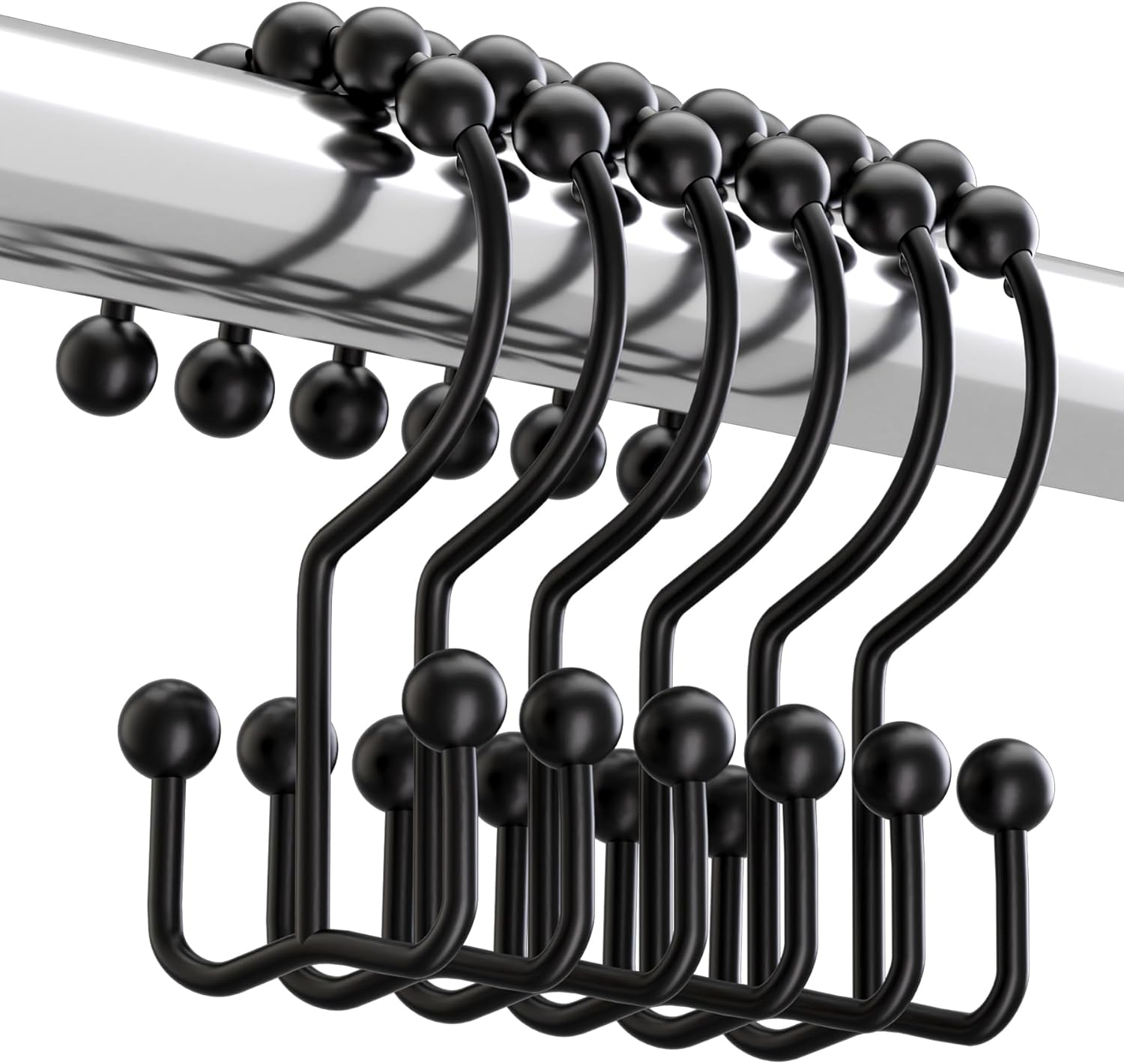 Matzwarte shower curtain hooks (12-pack) - Double hooks made of stainless steel - Hooks with smooth rolling action - Suitable for shower curtains up to 3.3 cm thick - Suitable for shower curtains and waterproof liners. (black)