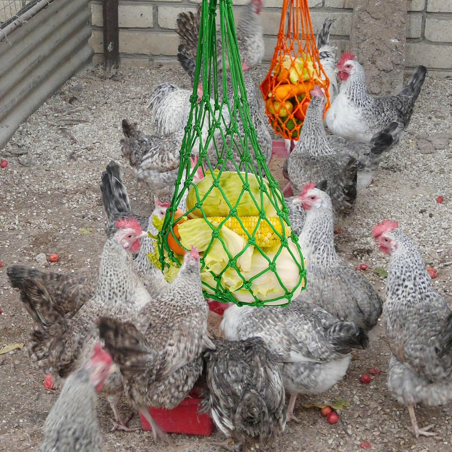 Feed bag - Feed net bag - Chicken, duck and goose feed net bag - Hanging - With carabiner - Feed tray for fruit and vegetables - 60 cm - 2 colours