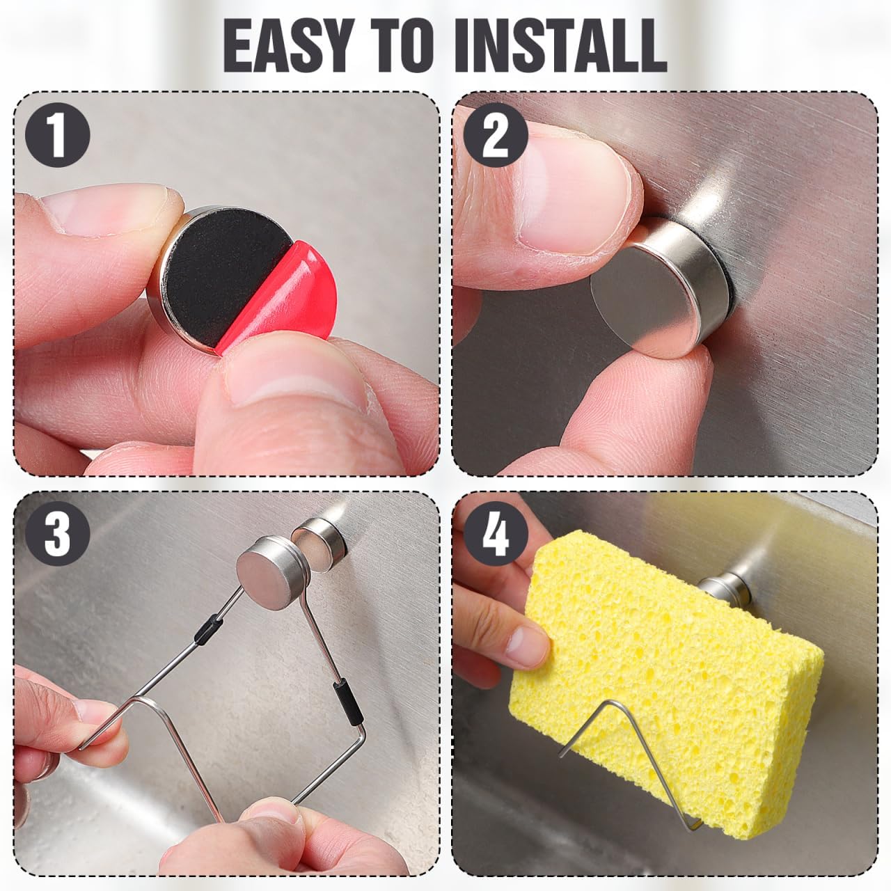 Sponge Holder - Stainless Steel - Magnetic - Kitchen Sink Sponge Drying Rack - 1 piece - Easy to install - No drilling required - Suitable for kitchens and bathrooms