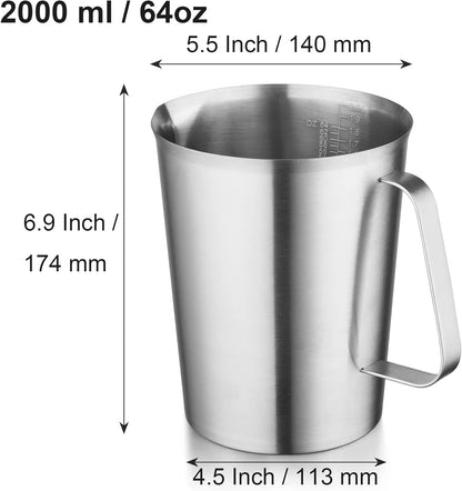 Stainless Steel Measuring Jug - 304 Stainless Steel - with Handle and Spout - Metal Pitcher with oz and ml Markings - 64 oz / 2 Litres (8 Cups) - Extra Strong Pitcher