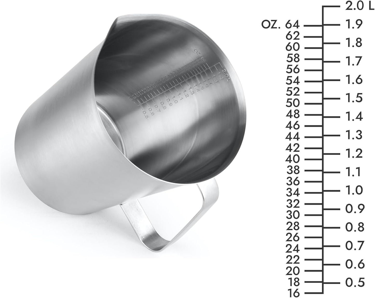 Stainless Steel Measuring Jug - 304 Stainless Steel - with Handle and Spout - Metal Pitcher with oz and ml Markings - 64 oz / 2 Litres (8 Cups) - Extra Strong Pitcher