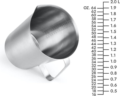Stainless Steel Measuring Jug - 304 Stainless Steel - with Handle and Spout - Metal Pitcher with oz and ml Markings - 64 oz / 2 Litres (8 Cups) - Extra Strong Pitcher