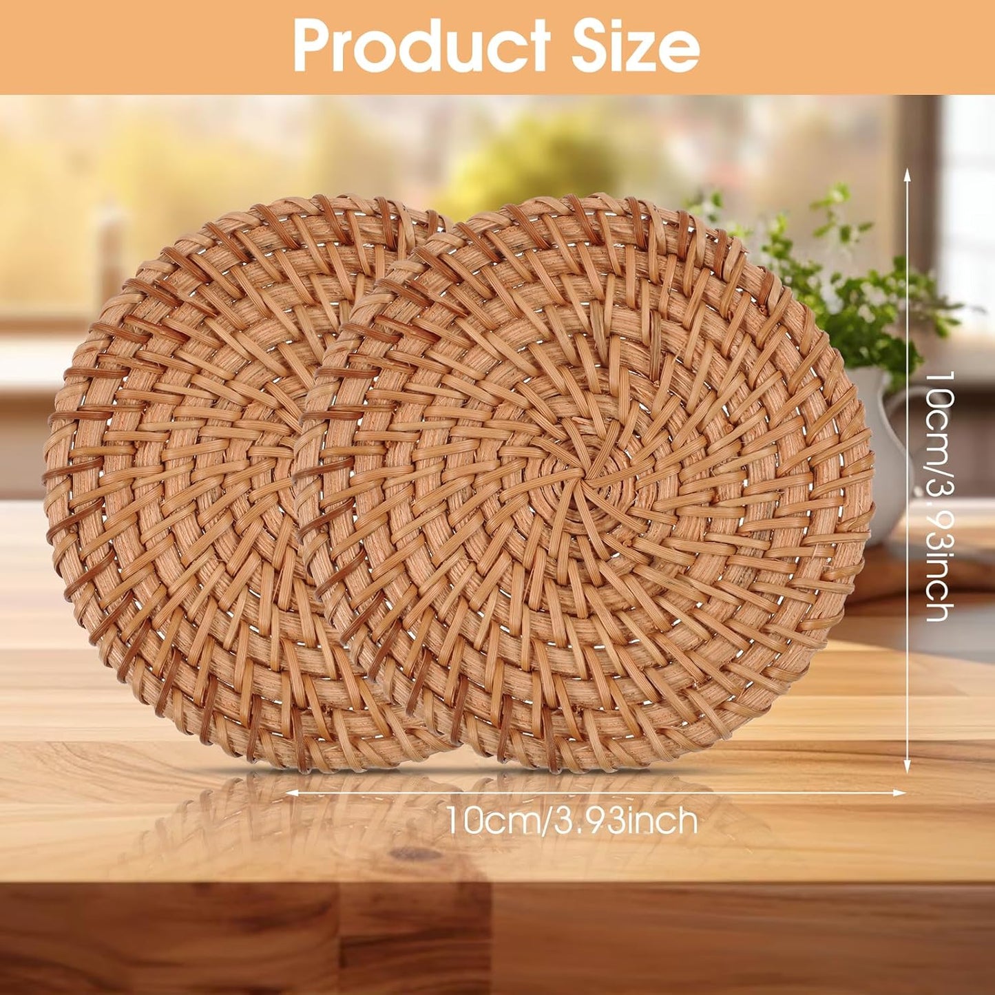 Coasters - Set of 2 - Naturally Woven Coasters - Rattan Coasters - 3.93 inches - Round Reed Coasters - Eco-Friendly Coasters - Boho Coasters - Coffee Table - Housewarming Gift - Hot Drinks - Home Decor